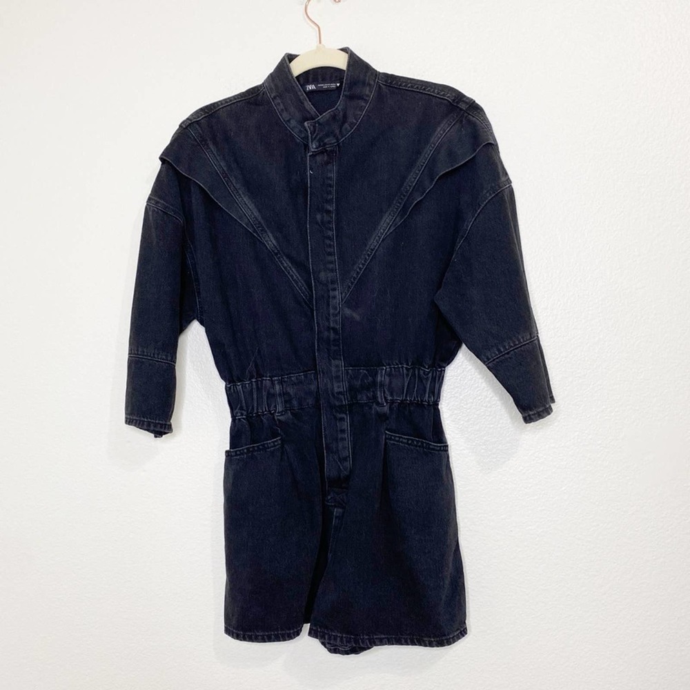 zara black distressed denim western romper size xs